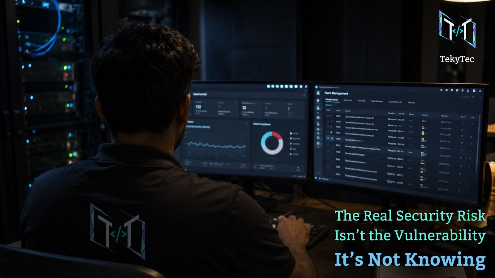 IT specialist reviewing a patch management dashboard across dual monitors in a server room — the real security risk isn't the vulnerability, it's not knowing